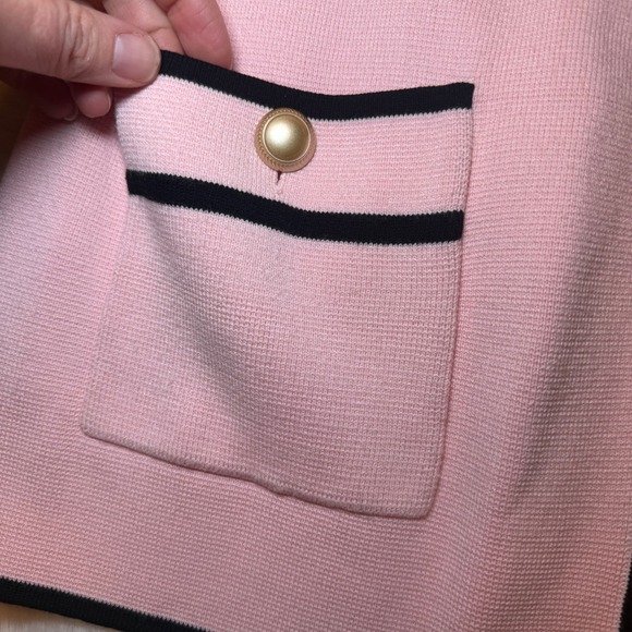 Talbots Pink Black Contrast Trim Open Front Cardigan Sweater Gold Buttons Mens M - Picture 3 of 5